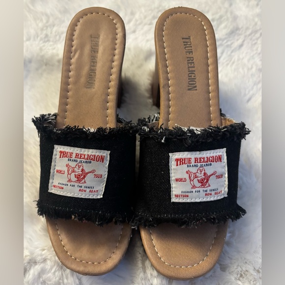 True Religion Open Toed Platform w/Black Denim Logo Strap Sandal/Mule Size 9 - Picture 1 of 6